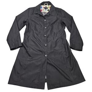 Lands End Trench Coat Women Medium 10-12 Black Button Up Weather Resistant Fall